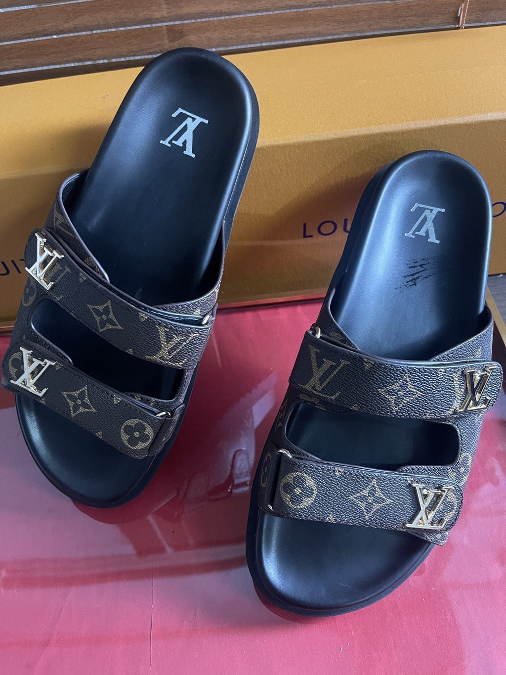 Louis Vuitton Dark Gray Monogram Slide Sandals - Double Monogram-Pattern Straps